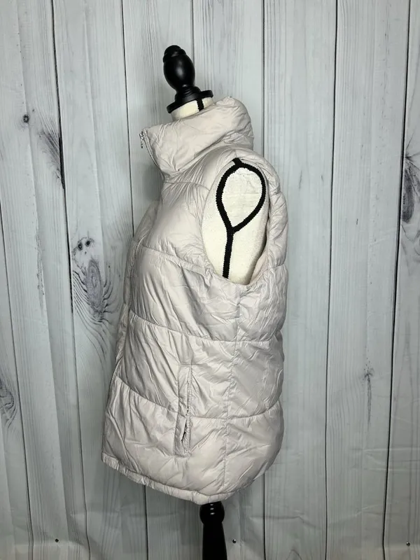 Old Navy Women’s Sz L Taupe Brown Puffer Vest Full Zip Snap Pockets Fleece Lined - Image 4