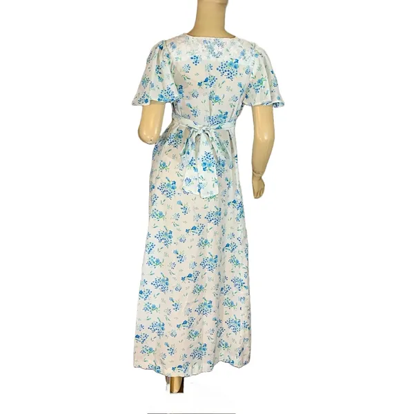 Vintage Circa 1970'S White W/Blue Floral Print Empire Waist Maxi Dress (S) - Image 5