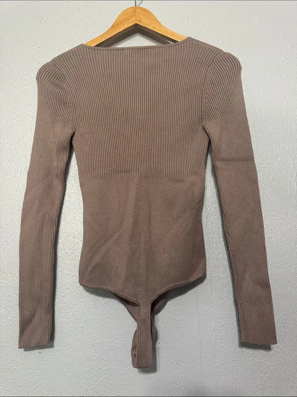 Abercrombie & Fitch Taupe Mauve Mixed Knit Ribbed Long Sleeve Bodysuit Small - Image 5