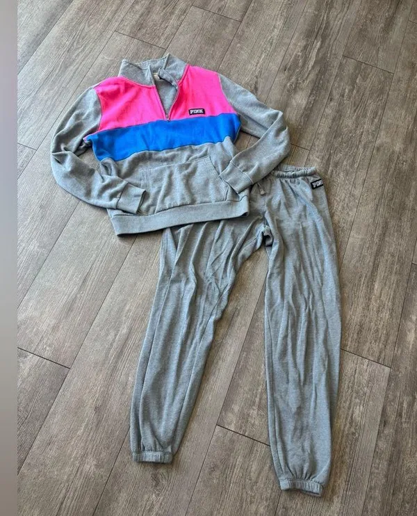 PINK Victoria’s secret Gray Tracksuit with Pink and Blue Accents - Image 5