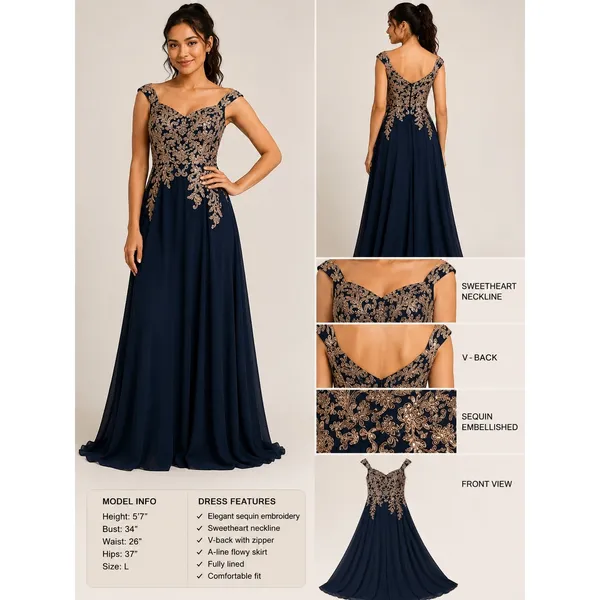 Betsy & Adam Navy Blue Gold Sequin Embroidered Gown ‎ Size 2 Sweetheart V-Back - Image 2