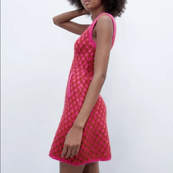 Zara PLAID KNIT Sleeveless Mini A-Line Dress w/ Round Neckline Size S Pink NEW - Image 13