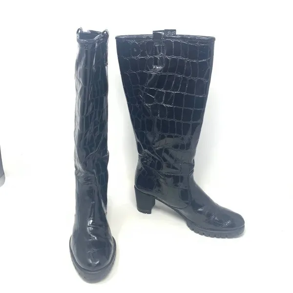 Stuart Weitzman Black Croc Leather Heeled Boots‎ Size US 6 - Image 3
