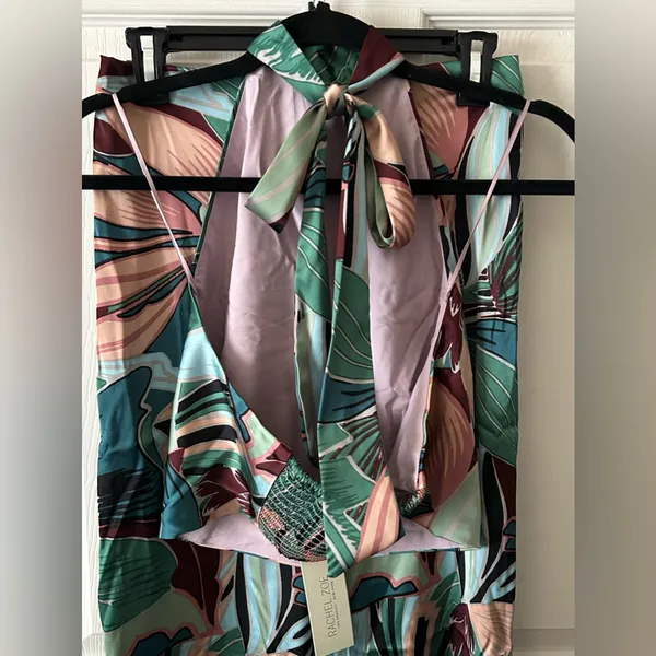 Rachel Zoe Women’s 2-Piece Tropical‎ Palm Print Satin Halter & Pant Set Small - Image 12