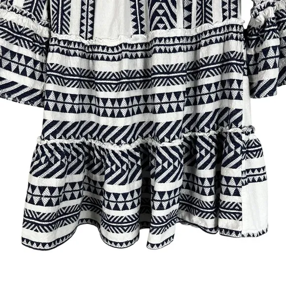 Mi Ami White Blue 100% Cotton Textured 3/4 Sleeve Tiered Mini Dress - Image 4
