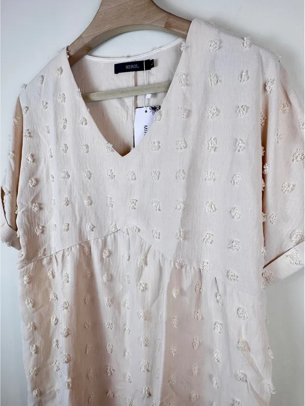MIROL NWT Swiss Dot Textured V Neck Babydoll Tunic Blouse Pink Large Boho - Image 6