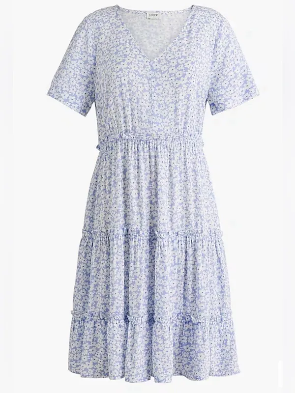 J.Crew V-neck Ruffle Tiered Mini Dress Blue Floral Sundress Babydoll XL - Image 9