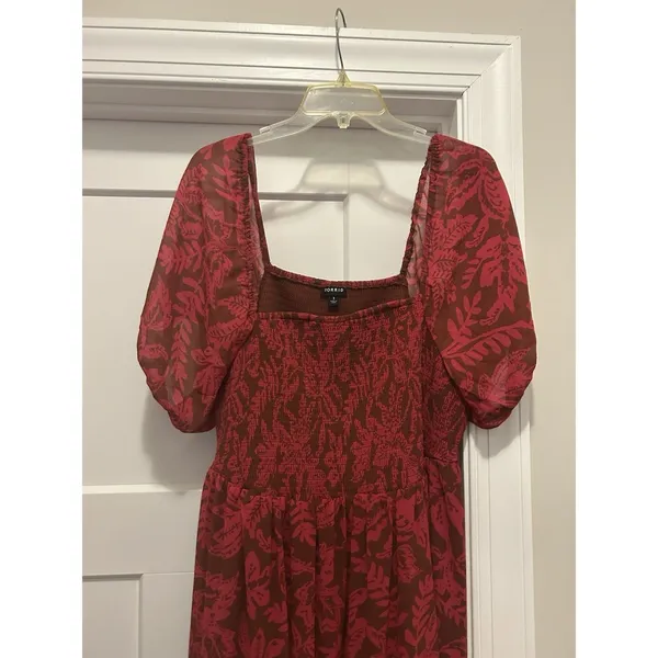 Torrid Midi Dress 1X Smocked Square Neck Chiffon Wedding Guest Flowy Pink Modest - Image 7