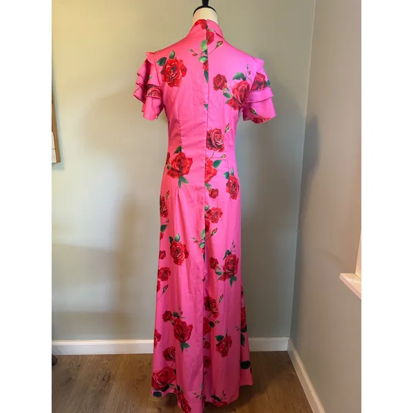 Pink Floral Rose Cheongsam Maxi Dress Mandarin Ruffle M y2k romantic dainty boho - Image 5