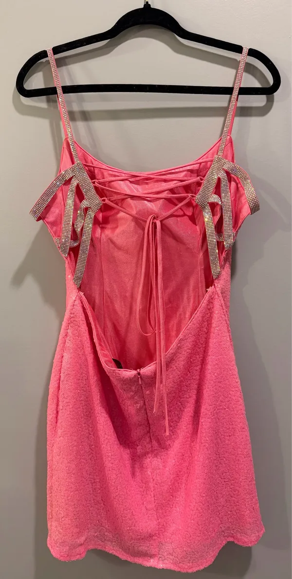 Alyce Paris Sequin Detail Corset Lace-Up Back Rhinestone Studded Straps Mini Dress Bright Pink - Image 4