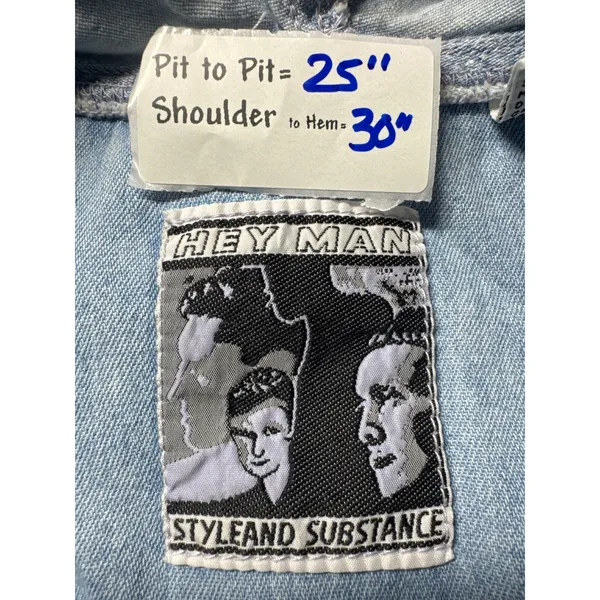 HEY MAN STYLE‎ AND SUBSTANCE Denim Hoodie Shirt Blue Washed Cotton Size L - Image 3