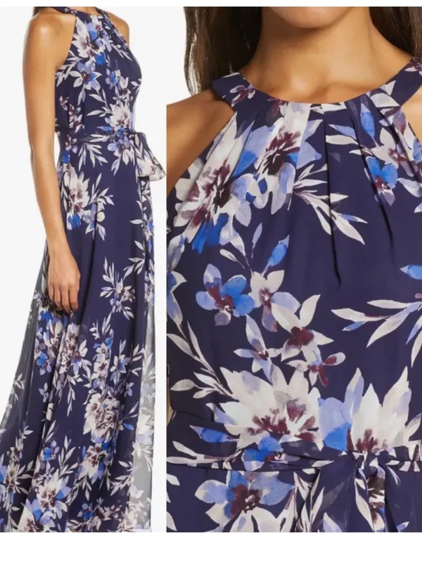 Eliza J Navy Floral Print Chiffon Halter Neck Maxi Dress size 12 NO SASH - Image 3