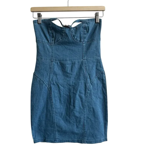HELLO MOLLY The Eve Denim Mini Dress S Blue Sleeveless Cotton Stretchy - Image 2