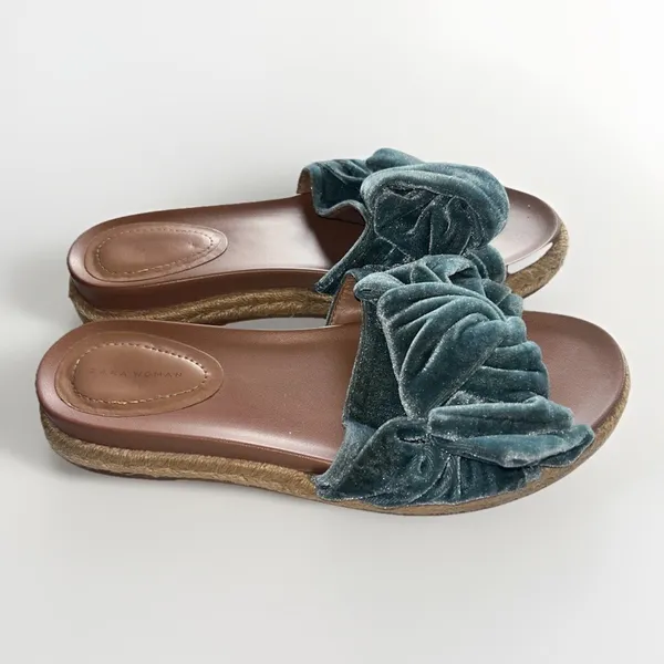 Zara Woman Teal Blue Velvet Knotted Bow Espadrille Slide Sandals Size 39 EU - Image 3