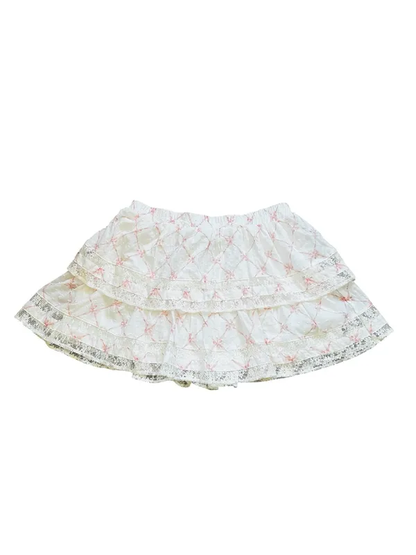 Francesca’s White & Pink Bow Print Ruffle Lace Trim Mini Skirt Feminine Cottage - Image 2