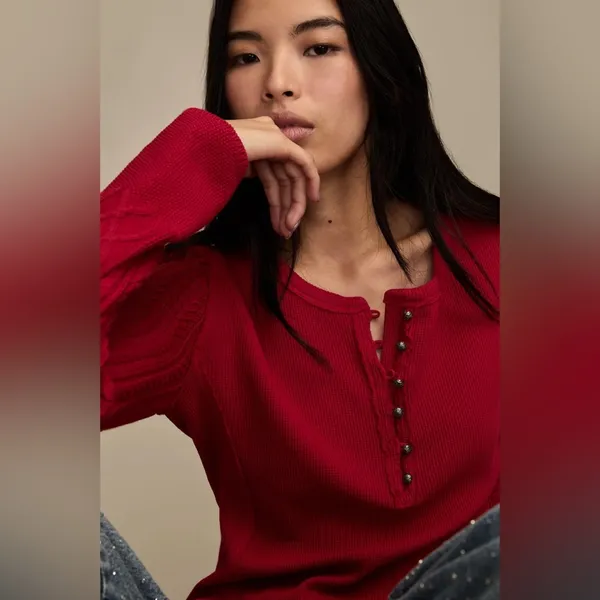 Lucky brand Textured Mixed cable knit Sleeve Henley cotton red M oversized boho​ - Image 3