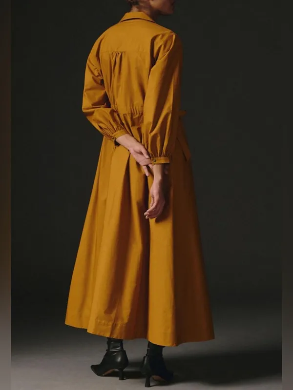 Anthropologie Maeve Mustard Yellow Cinched Waist Long Sleeve Shirt Maxi Dress M - Image 6