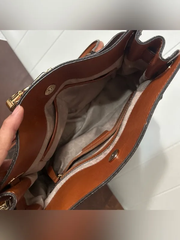 Michael Kors Hamilton Satchel Brown Monogram Canvas Tan Leather Gold Padlock Bag - Image 7