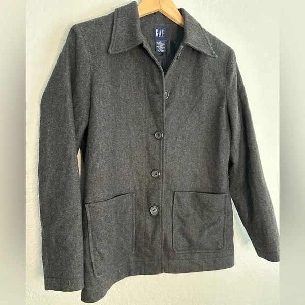 Vintage GAP Grey Wool Coat Jacket Button Front Pockets Preppy Outdoor Blazer - Image 2