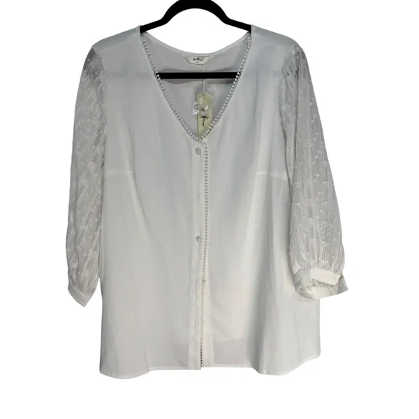 Agnes Orinda White V Neck Button Front Blouse Sheer Lace Sleeve Top Plus Size 1X - Image 2