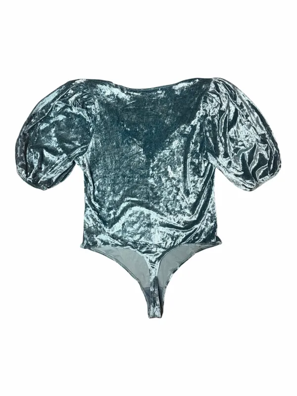 Free People Don’t You Wish Teal Crushed Velvet Puff Sleeve Bodysuit Large - Image 6