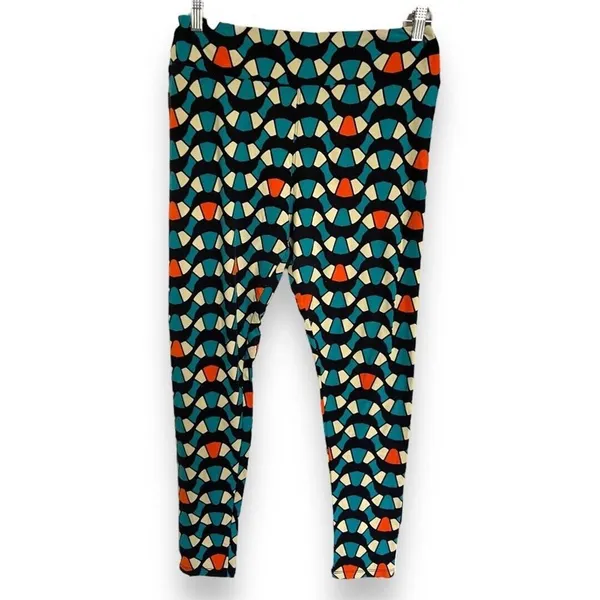 LuLaRoe Womens Leggings Sz TC Snakey Waves Teal Cream Orange Stained Glass‎ - Image 2