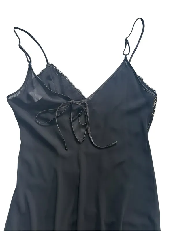 80s Sheer Chiffon Lace Slip Dress Midi Lingerie Sz M Romantic Soft Goth Coquette - Image 9