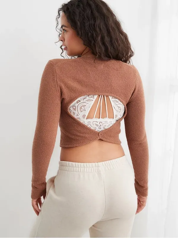 Aerie tan textured open back sweater long sleeve crop top XS cotton - Image 11