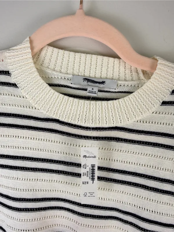 Madewell Cream and Black Open-Knit Striped Sweater Small - Image 2