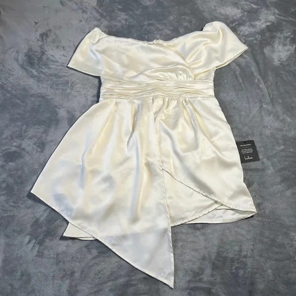 NEW Lulus Always Celebrating Ivory Satin Off-the-Shoulder Mini Dress Size L - Image 4