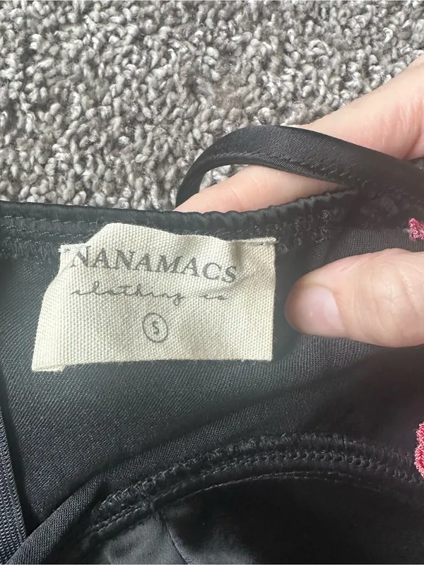 NanaMacs Black Mini Dress with Pink & Green Floral Appliqué - Image 4