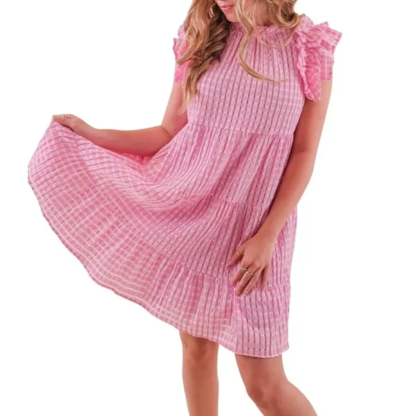 Entro Pink Plaid‎ Checkered Gingham Dress Small Tiered Babydoll Mini Ruffle Neck - Image 2