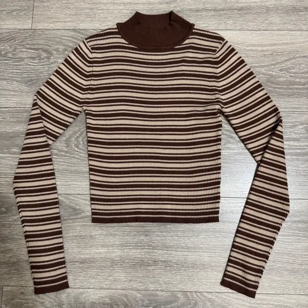 The Slope Brown Striped‎ Ribbed Mock Neck Long Sleeve Top Womens Size Medium Y2K - Image 2