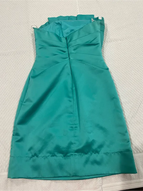 Phoebe Couture Strapless Teal Satin Sheath Dress - Image 2