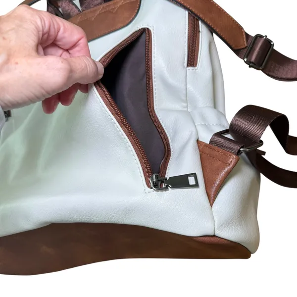 Convertible Backpack Shoulder Bag‎ Satchel Purse White Brown Vegan Leather - Image 11