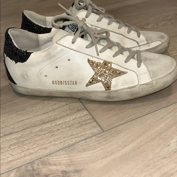 Golden Goose White Sneakers with Gold Star and Black Glitter Heel Tab Size 39 - Image 6