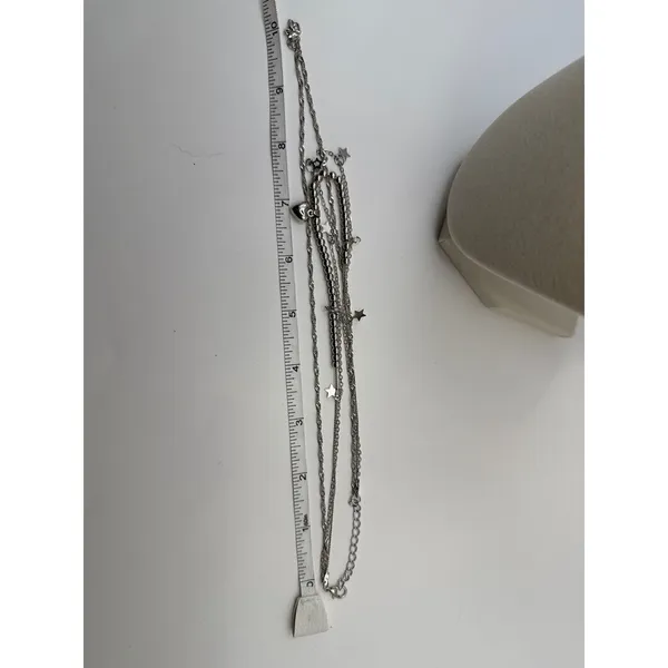 Silver Tone Triple Layered Necklace Heart Star Charms Beaded & Rope Chain Set - Image 6