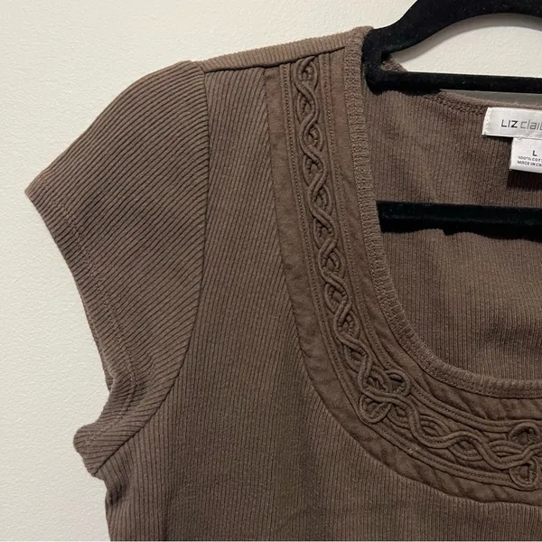 Liz Claiborne Chocolate Brown Y2K Style Ribbed Cotton Top Size L - Image 5