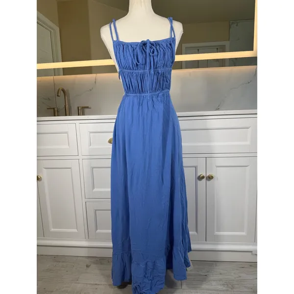 Blue Maxi Dress Womens XS Open Back Smocked Tie Ruffle Hem Boho Vacation Resort - Image 2