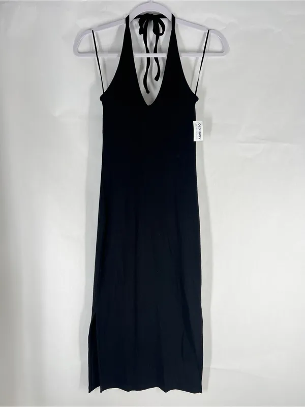 Old Navy Fitted Sleeveless Halter Rib-Knit Midi Dress Black S NWT - Image 2