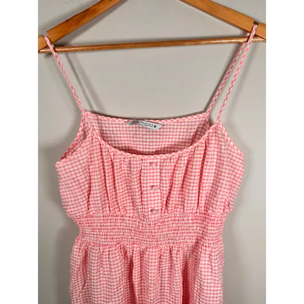 Zara Dress‎ Womens Medium Pink Gingham Smocked Waist Midi Summer Cotton - Image 4