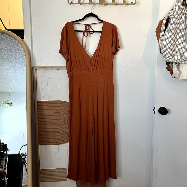 MINKPINK Allison + UO Orange Allison Wide Leg Ribbed Deep Plunge Backless Jumpsuit Medium - Image 3