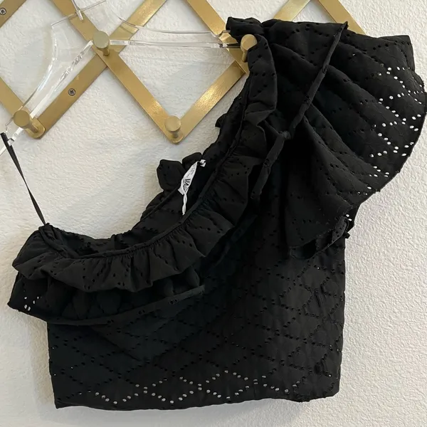 Zara One Shoulder Eyelet Ruffle Top Black Large Stretchy - Image 5