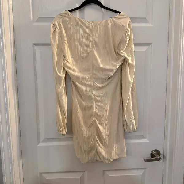 Kittenish Ruched Mini‎ Dress Champagne Cream Large Long Sleeve Cocktail Party - Image 4