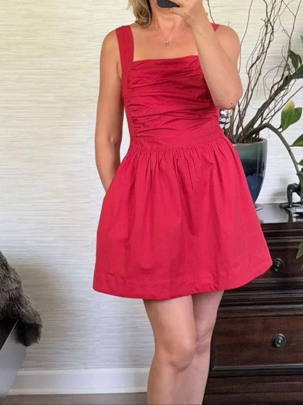 Free People Red Cotton Mini Dress Open Back Tie Straps Pockets NWT Size S - Image 2