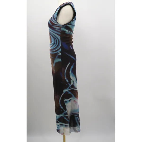 Zara Mesh Abstract Swirl Print‎ Ruched Midi Dress Blue Purple Brown Medium - Image 7