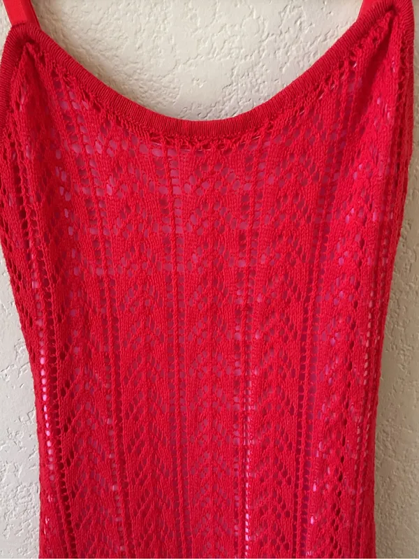 Source Unknown Red Crochet Knit Mini Dress XS S Pink Contrast Lining Strappy Summer Festival - Image 2