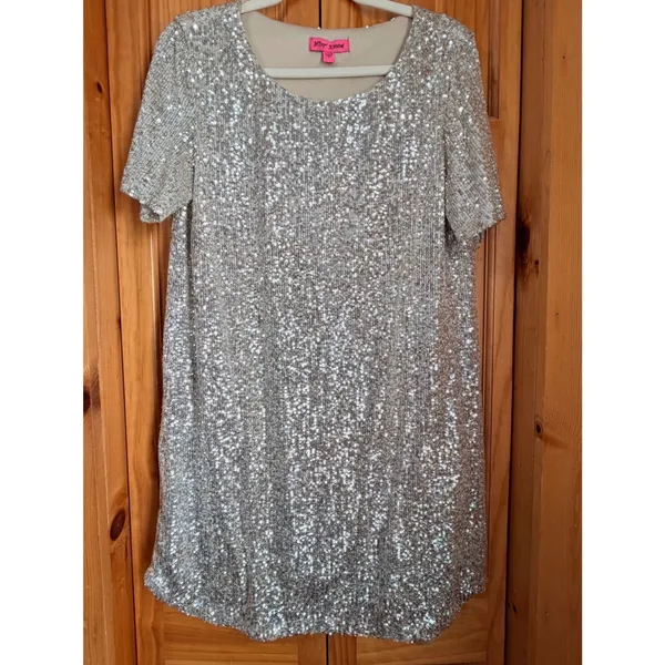 Betsey Johnson Silver Sequin Shift Dress Womens Large Short Sleeve Party - Image 3