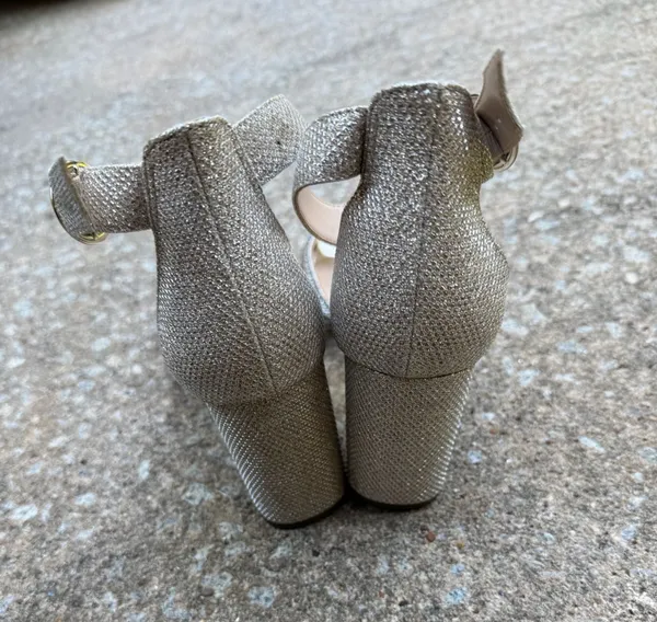 Nina New York Gold Shimmer Rhinestone Strappy Ankle Strap Block Heel Sandals - Image 6