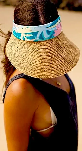 bon voyage STARBOARD NWT Wide Brim Straw Visor Hat with green leave Print Band - Image 4